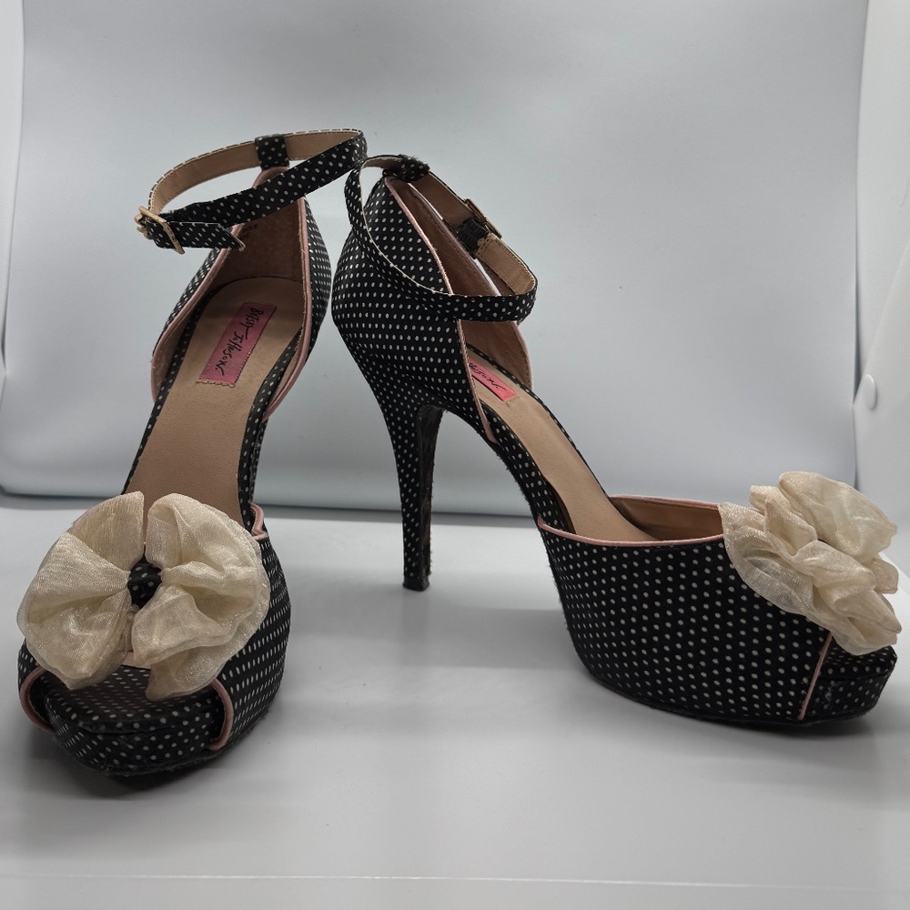 Betsey Johnson Black Polka Dot Ankle Strap Heels with Cream Bow - Picture 2 of 11